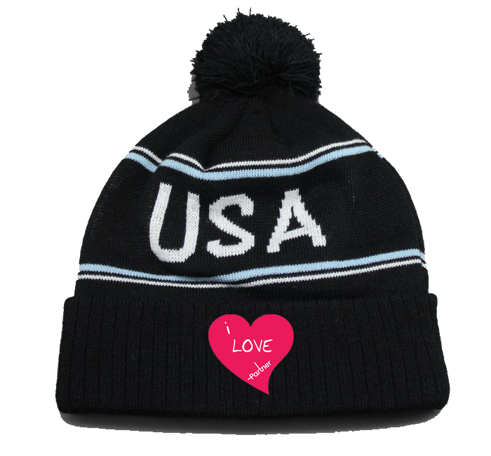 Black pompom beanie with embroidry logo