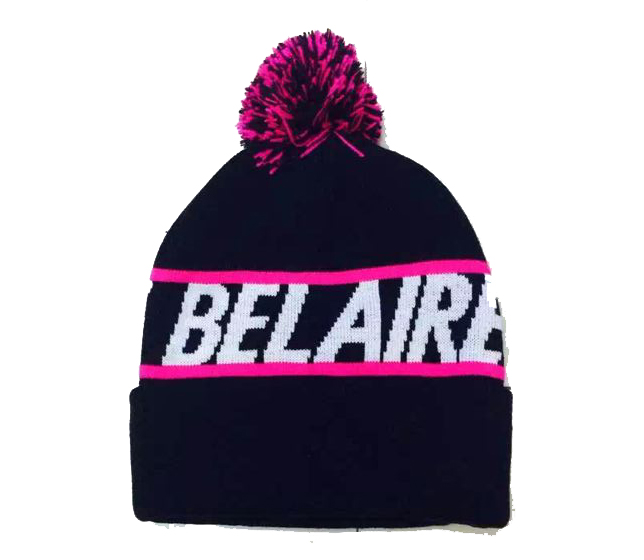 Pompom beanie hats with rubber patch