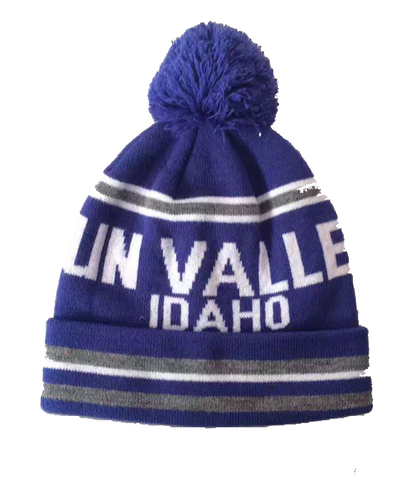 Pompom beanie hats with rubber patch