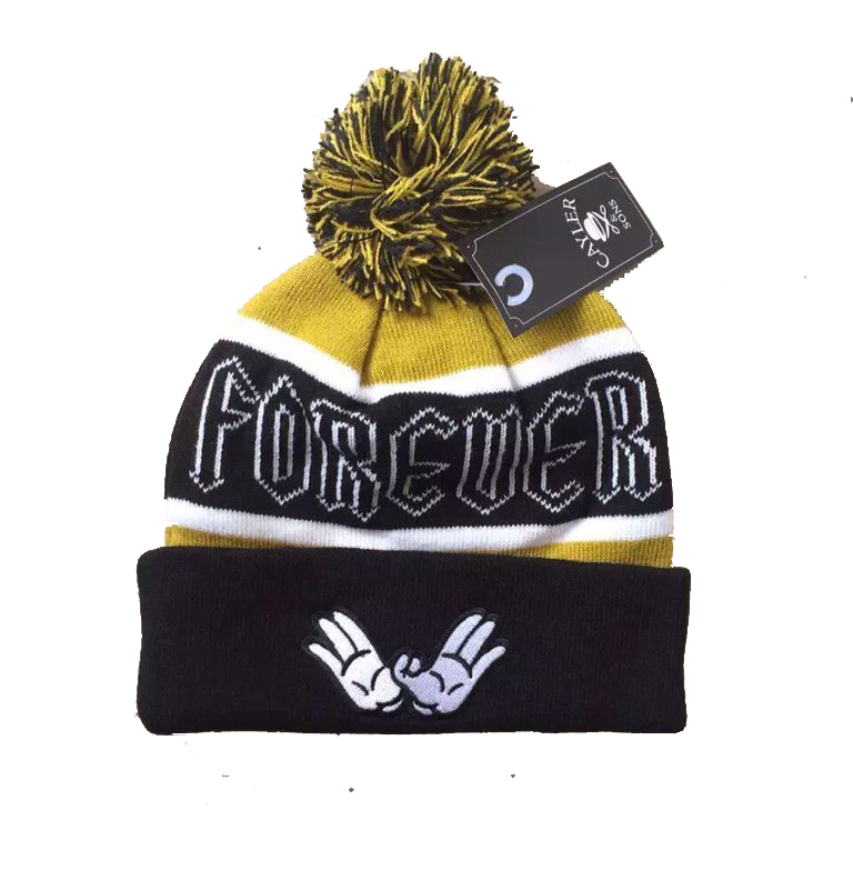 Pompom beanie hats with rubber patch
