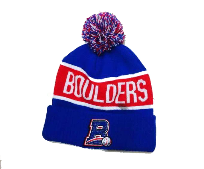 Pompom beanie hats with rubber patch