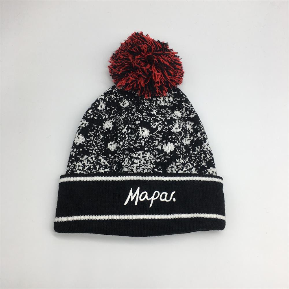 HOT SALE jacquard knit pom beanie with Embroidery beanie hat good offer