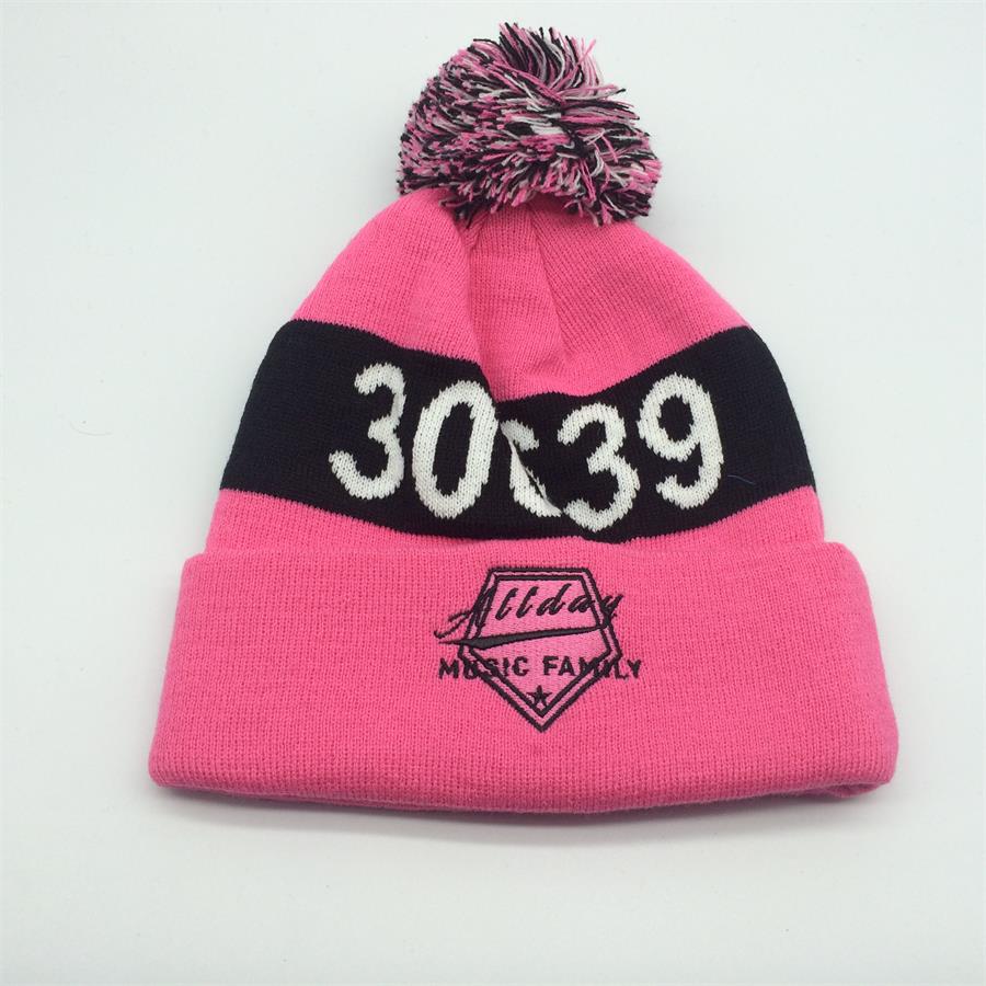 Custom 100% Acrylic Jacquard Knit Beanies With Pom Wholesale Winter Hats