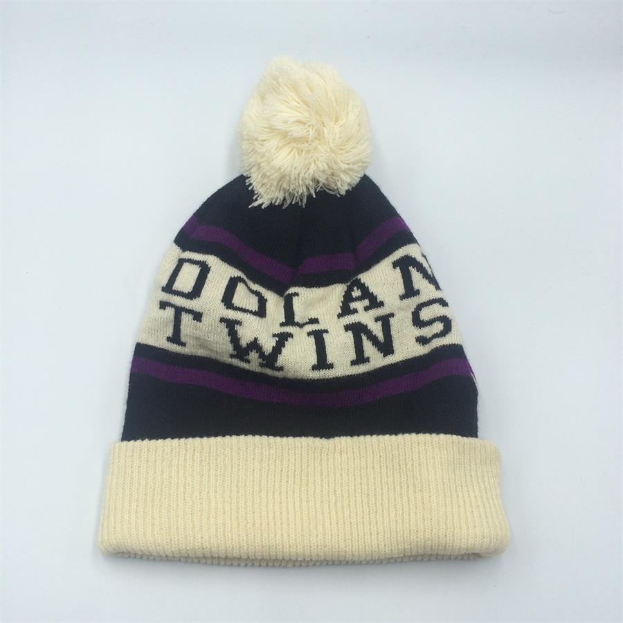 Double thickness beanie hat cable cuff custom jacquard knit Beanies With Pom