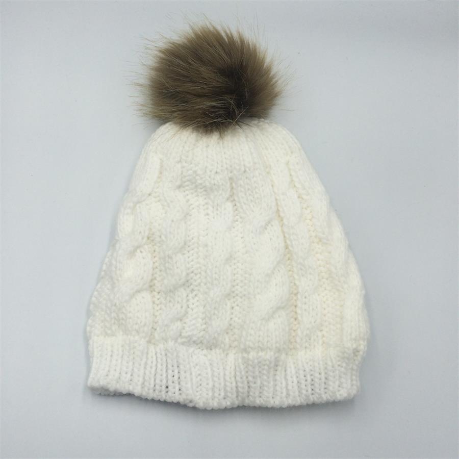 Double Layer Winter Fleece Lined Cable Knitted PomPom Beanie Hat Custom Fur Ball Beanie